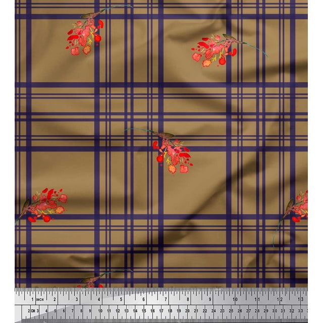 Soimoi Brown Rayon Fabric Watercolor Flower & Check Print Fabric by Yard 42 Inch Wide