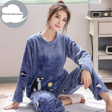 

QWZNDZGR Winter Warm Flannel Women Cartoon Sleepwear Cute Girls Pajamas Fashion Pajama Set Pullover Coral Fleece Pijamas Mujer Homewear