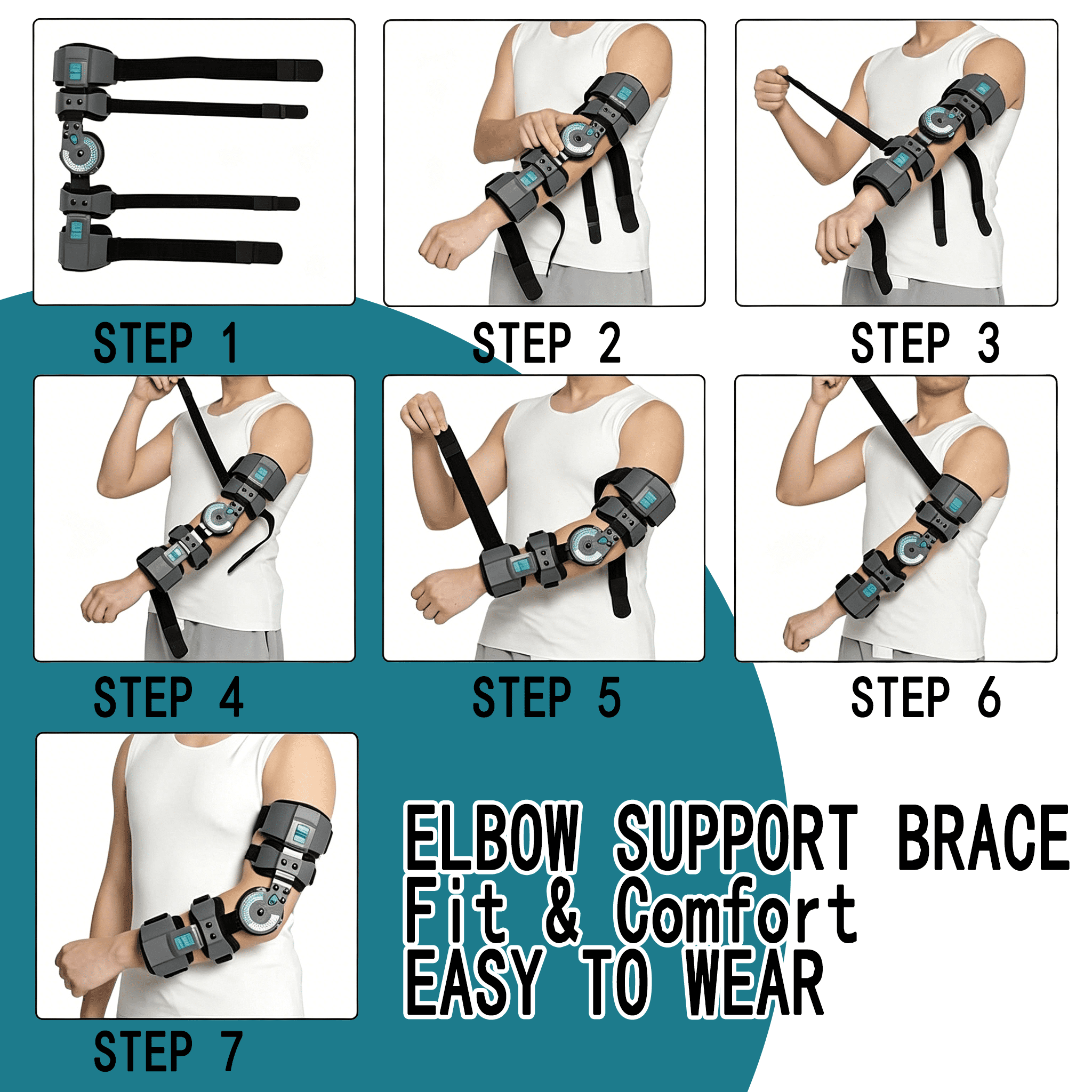 Komzer Hinged ROM Elbow Brace, Adjustable Post-Op Splint Stabilizer for Surgery Recovery, Ligament and Tendon Repairs and Dislocation (Right)