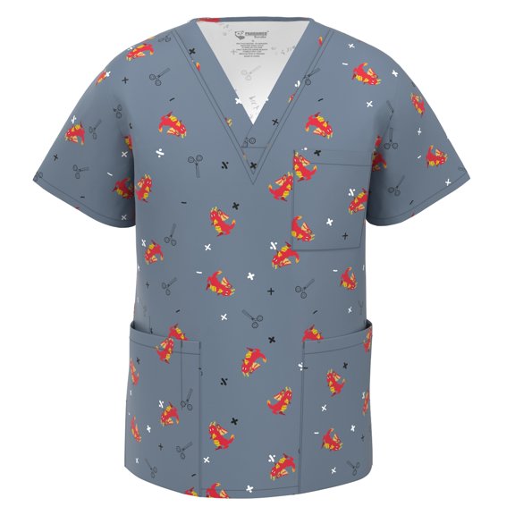 Men Stretch Print Scrub Top - Medical Uniform Men Nurse School Print Scrubs V Neck Top PSM105 M002 XL