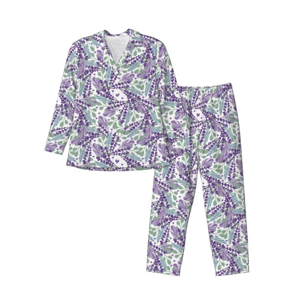 Fotbe Lavender Flowers Pijama de Hombre con Estampado de Manga Larga, Conjunto de 2 Piezas, Ropa de Dormir Suave y Cómoda con Bolsillos-Large