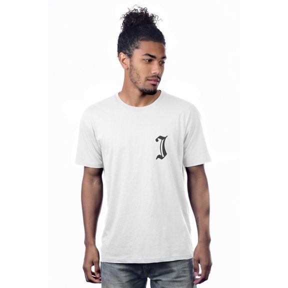 Daxton Adult Unisex White Tshirt Custom Black Old English Numbers and Letters, Letter J, 2X-Large