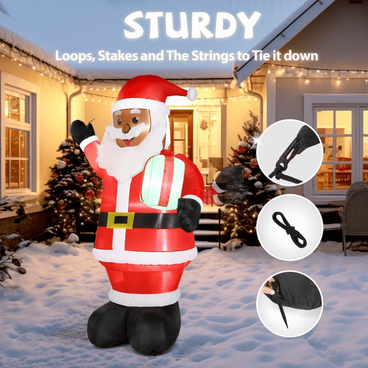 Alvantor 7 ft Lighted Black Santa Christmas Inflatable with Gift, Red and Black