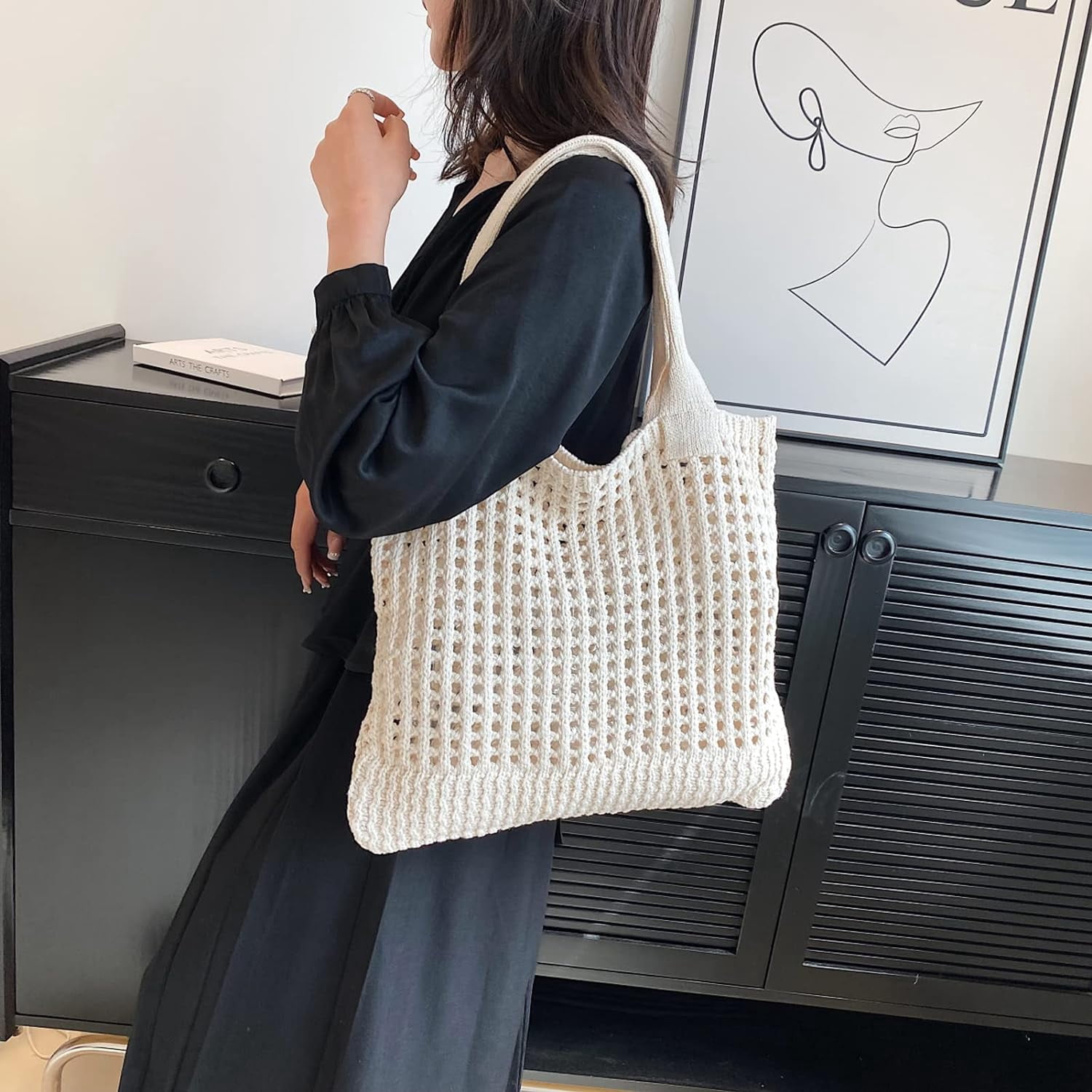 Kukuzhu Crochet Beach Bags for Women, Woven Travel Tote Fishing Net Handbag Shopping Large Hobo Shoulder Bag for for Holiday