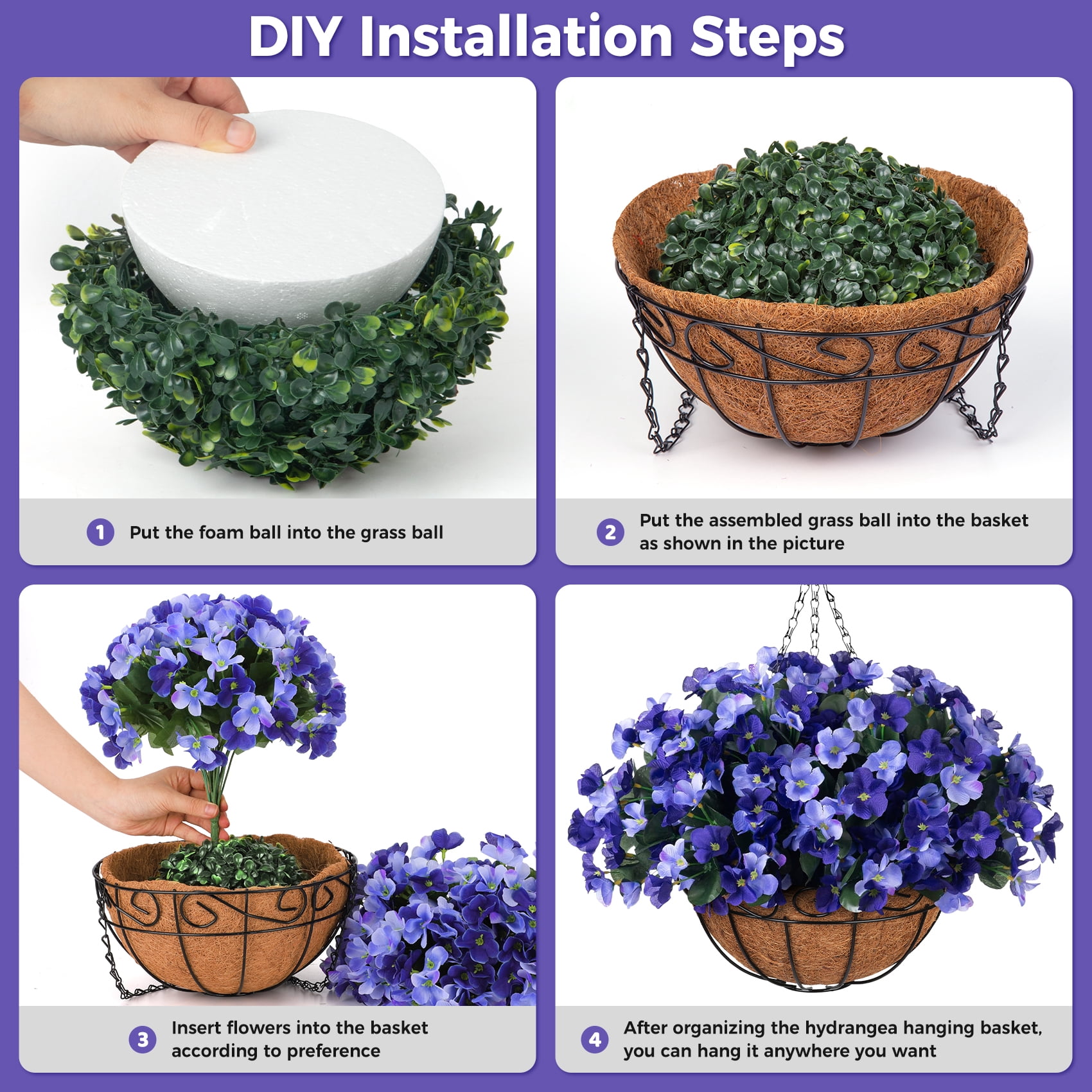 Scidweet Artificial Hanging Flowers Outdoors, 12 pcs Fake Plants Faux Hydrangea Flowers with Coconut Lining Basket for Spring Summer Outside Indoor Home Garden Decoration