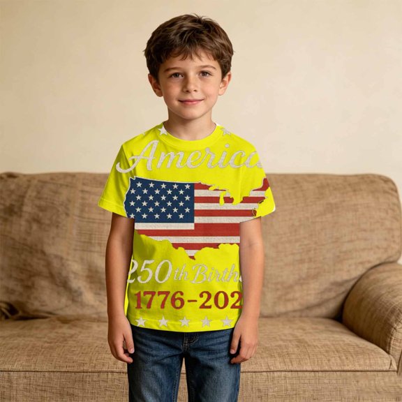 FYDUU Kids 4th Of July Shirts American Flag T-Shirt Boys Tees Short Sleeve Tops Independence Day Shirt Celebrate America's 250th Anniversary Tshirts 7-8 Years