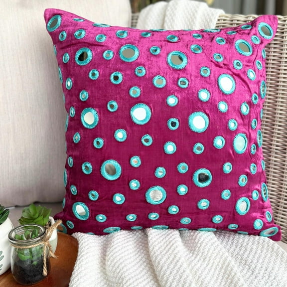 Euro Pillow Shams, Decorative Fuchsia Pink 26"x26" (65x65 cm) Pillow Covers, Velvet Mirror Embroidery Throw Pillow Covers, Circles & Dots Pattern Contemporary Style - Mirror Lover