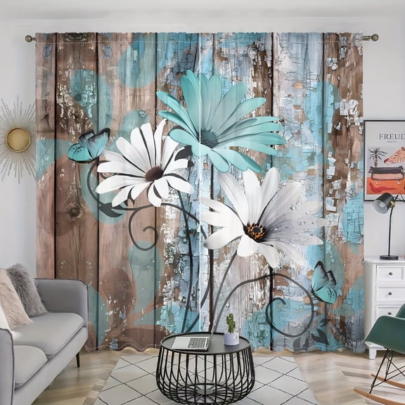 WNOOHIY Vintage Rustic Wooden Daisy Print Curtains for Bedroom,Dining Room, Living Room,2 Panels