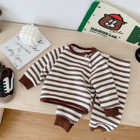 

DancePeanut Newborn Infant Knit Baby Boy Girl Clothes Set Winter Waffle Plush Stripe Set Casual Sports Sweater Trousers Kids Clothes Suit