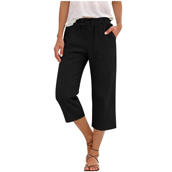 Cropped Pants for Women Casual Pull on Elastic Waist Capris Pants with Pockets Solid Color Summer Vacation Straight Leg Capris, Black, XXL