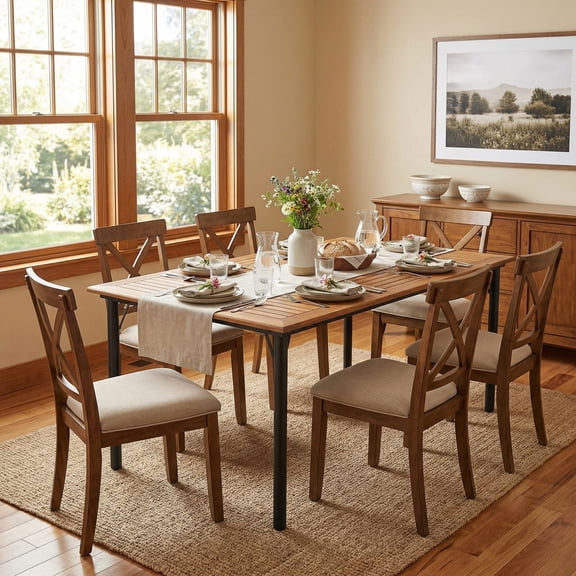 Spaco Outdoor Patio Acacia Wood Dining Table with Umbrella Hole and Metal Legs for Garden, Balcony, Poolside, Brown