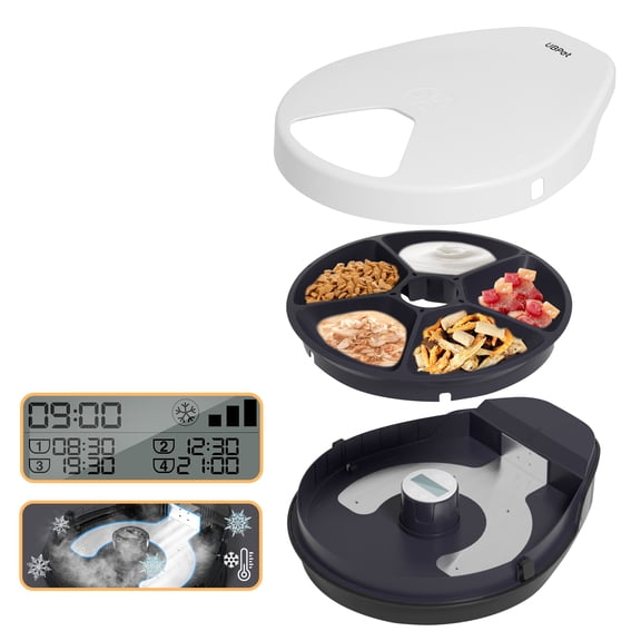 1-4 Days Fresh Cooling Cat Automatic Feeder, Semiconductor Refrigerated Wet Food Dispenser with Timed 5 Compartments 330g Each