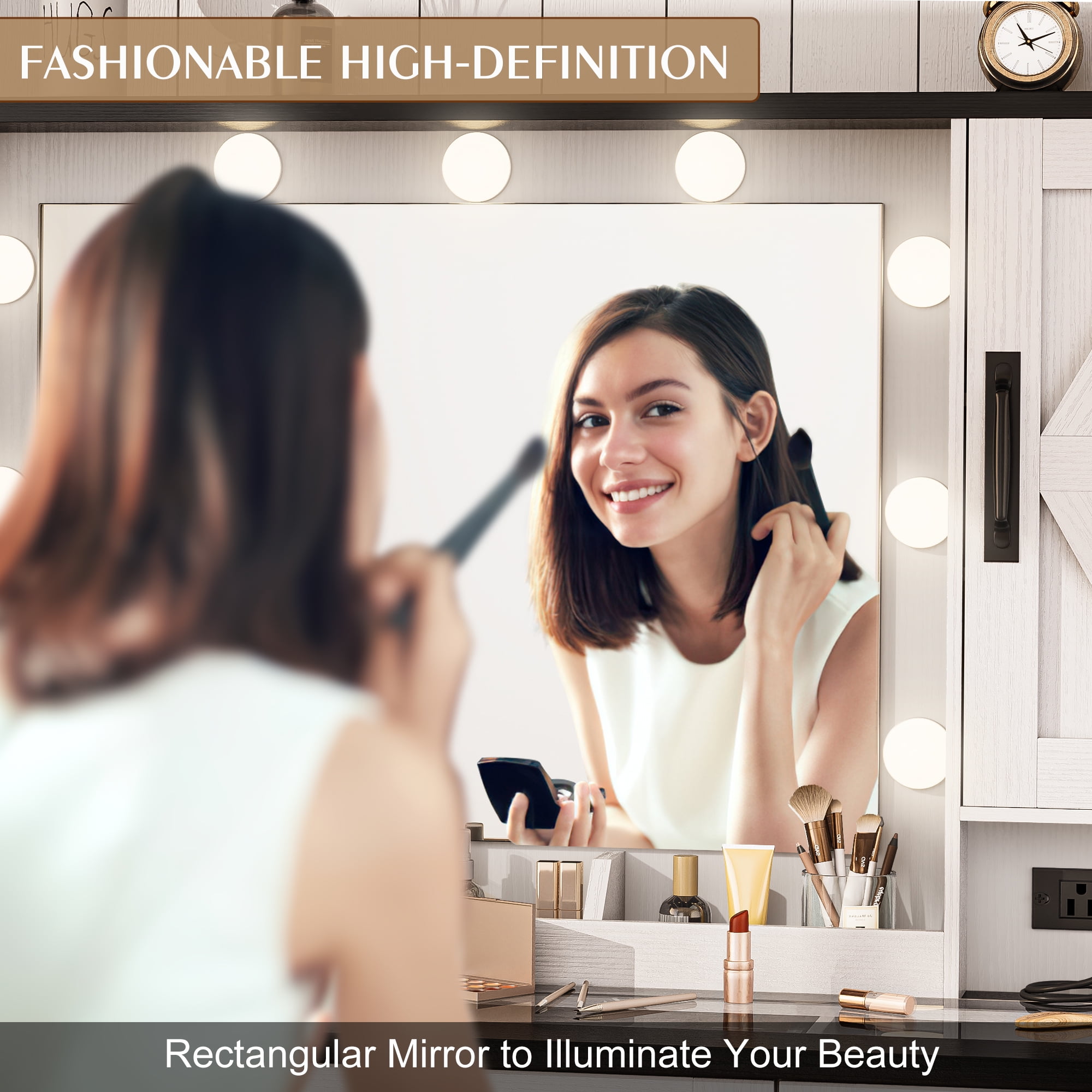 Vanity Desk with Mirror and Light, 39" Makeup Table with 2 Drawers, Cabinets & Power Outlet, 3 Lighting Modes Adjustable, Rustic Bedroom Dressing Table for Girls, Women, White