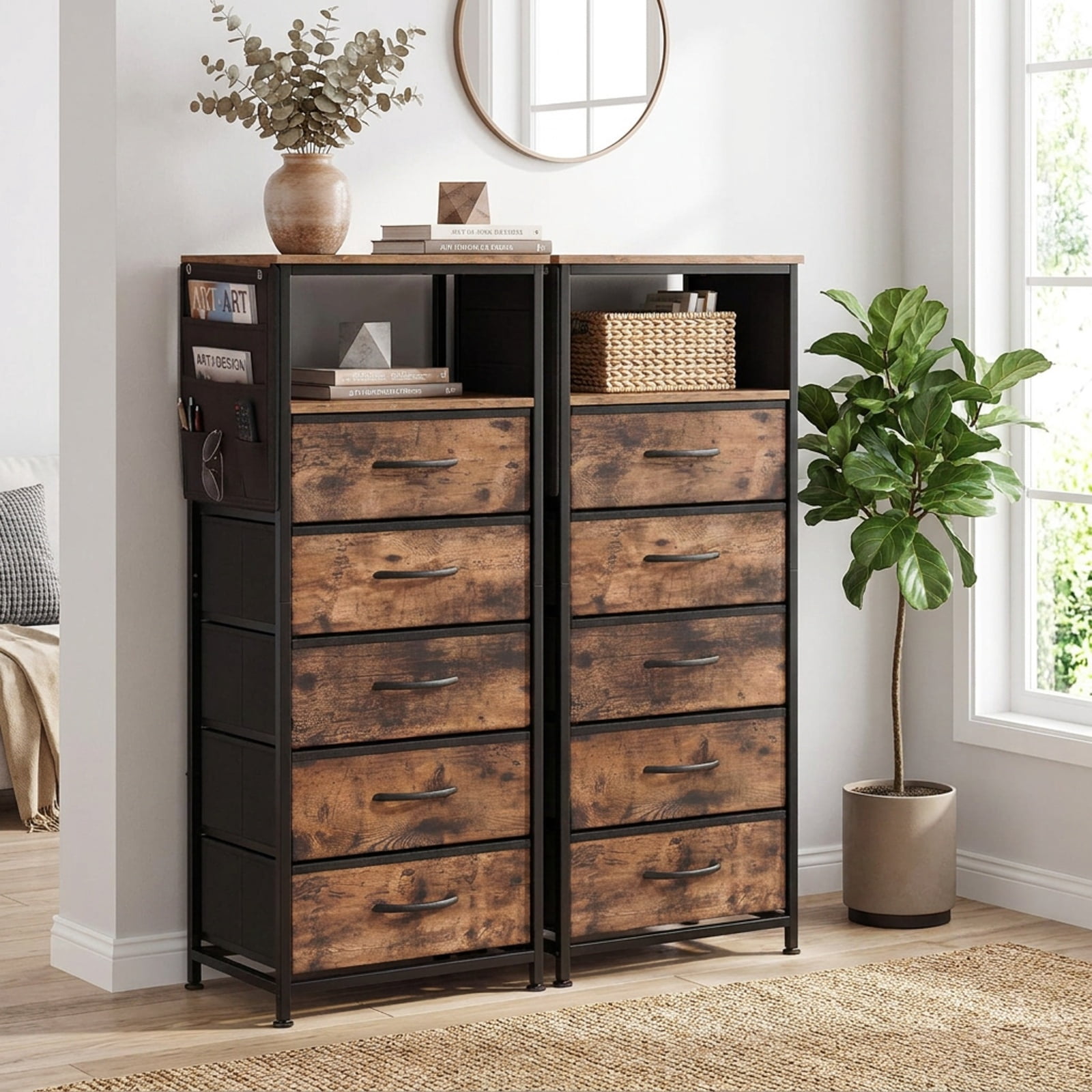 Furnibear 39 Inch Tall Nightstand with Integrated Charging Station and 5 Fabric Drawers