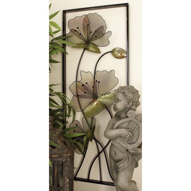 DecMode Black Metal Floral Wall Decor with Black Frame (2 Count)