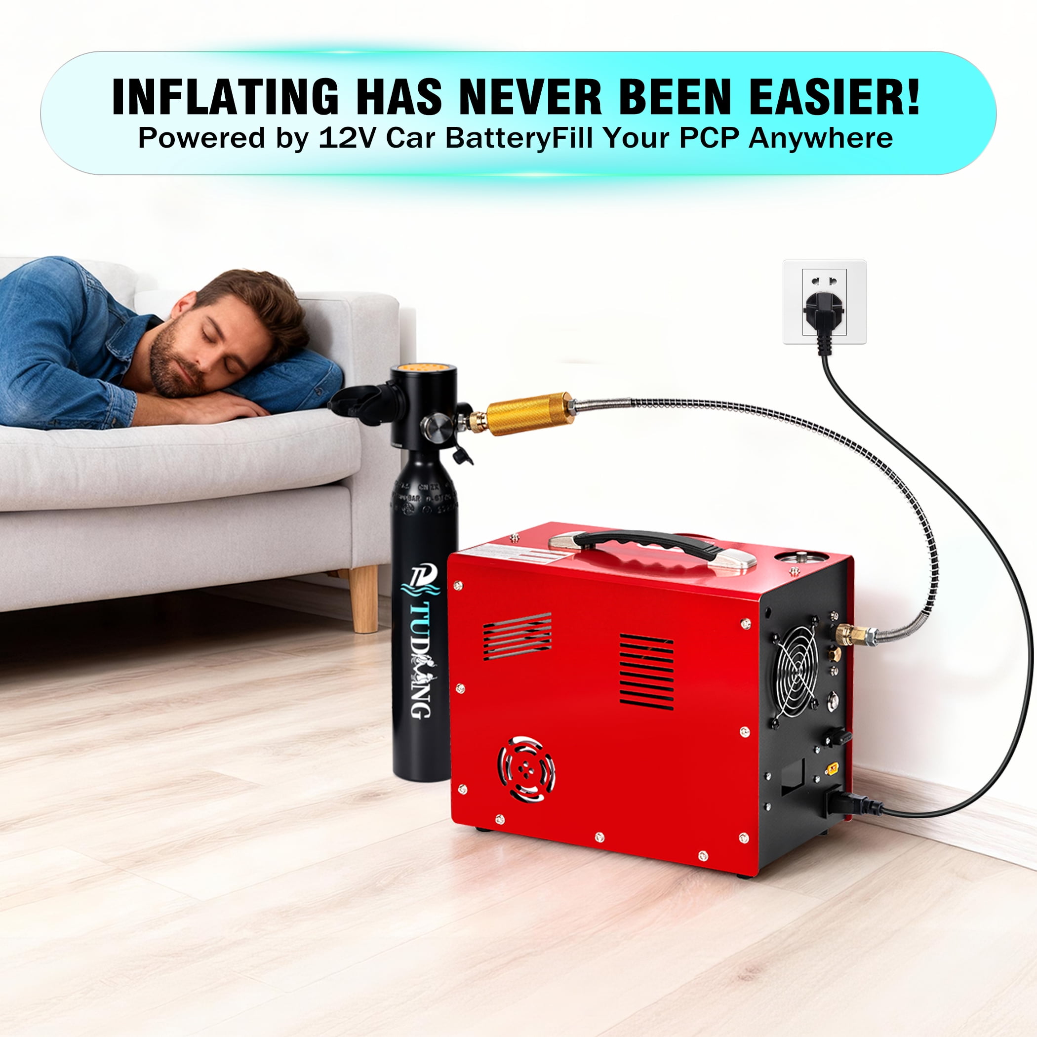 PCP Air Compressor, 4500Psi/30Mpa, Unique Wire Spool Portable Design, Auto-Stop, Oil/Water-Free, 8MM Quick-Connector, 110V AC or 12V Car Battery