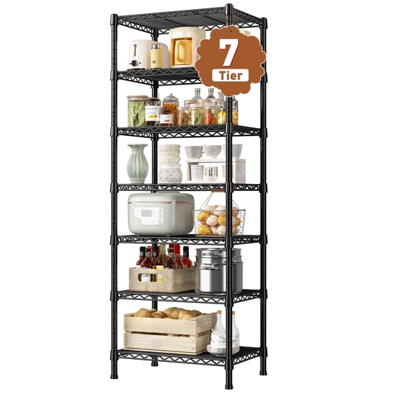 REIBII 7-Tier Adjustable Wire Shelving Unit,Compact 71"H x 18"W x 18"D Metal Storage Rack for Kitchen,Laundry Room,Pantry Shelves,Black