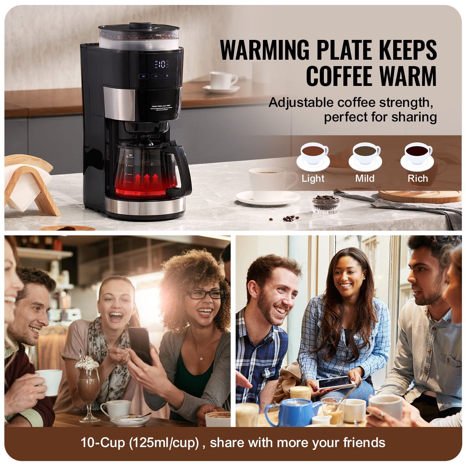 KFFKFF 10 Cup Coffee Maker with Grinder Grind and Brew Coffee Maker with 3 Brew Strength Control 24-Hour Timer for Auto Brew with Adjustable Grinding Coarseness