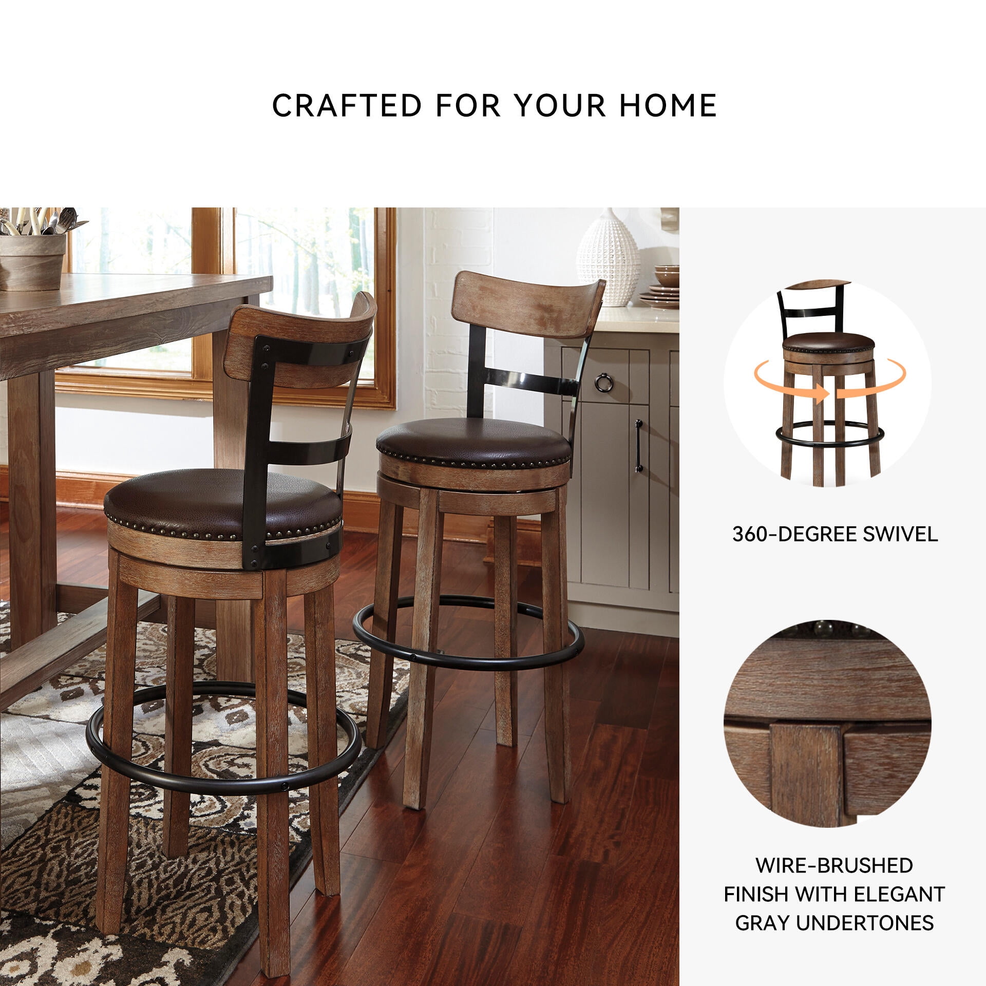 Signature Design by Ashley Pinnadel Swivel Bar Stool, Light Brown, Upholstered Pub Height Chair with 360-Degree Swivel and Faux Leather Seat