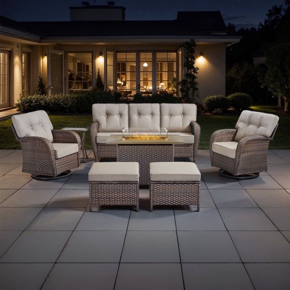 POCASSY Outdoor Wicker Patio Furniture Set with 41" Propane Fire Pit Table, Swivel Patio Chairs Set with Sofa Couch, Fire Pit Table and Ottoman