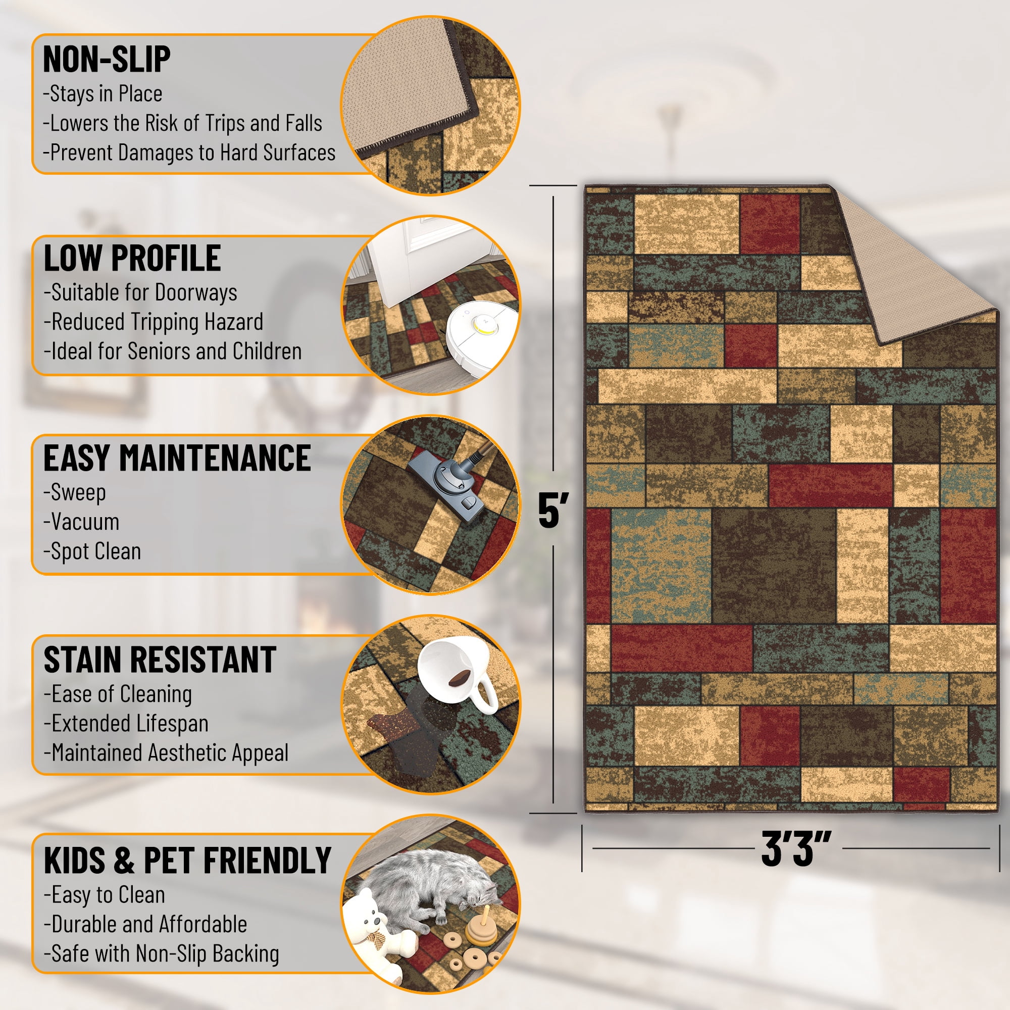 Ottomanson Boxes Area Rug 3'3" x 5' - Non Slip Low Pile Carpet, Multicolor