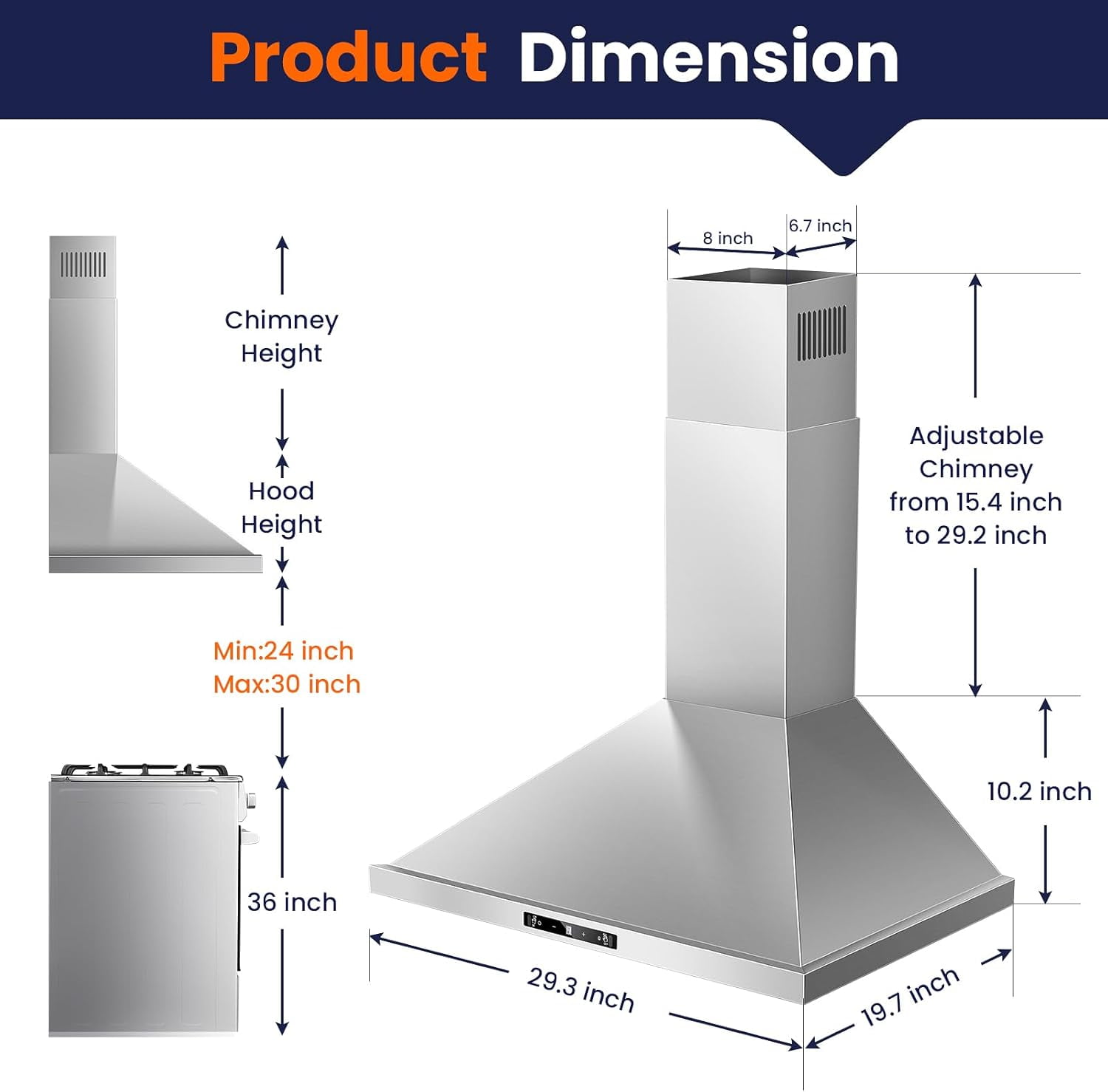 Wall Mount Range Hood 30 inch, 700 CFM Kitchen Hood Stainless Steel Stove Vent Hood with Gesture Sensing & Touch Control, Ducted/Ductless Convertible Duct, 3-Speed Fan, LED Lights, Baffle Filters