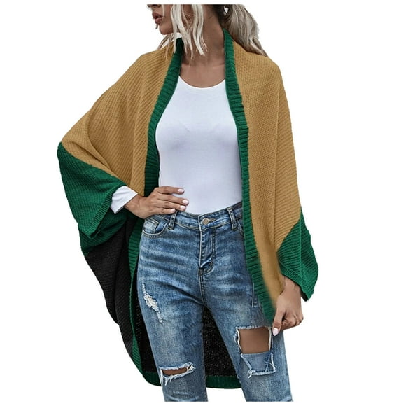Women's Casual Color Block Knit Cardigan Fall Fashion Long Sleeves Blanket Wrap Poncho Cape Loose Fit Open Front Sweater