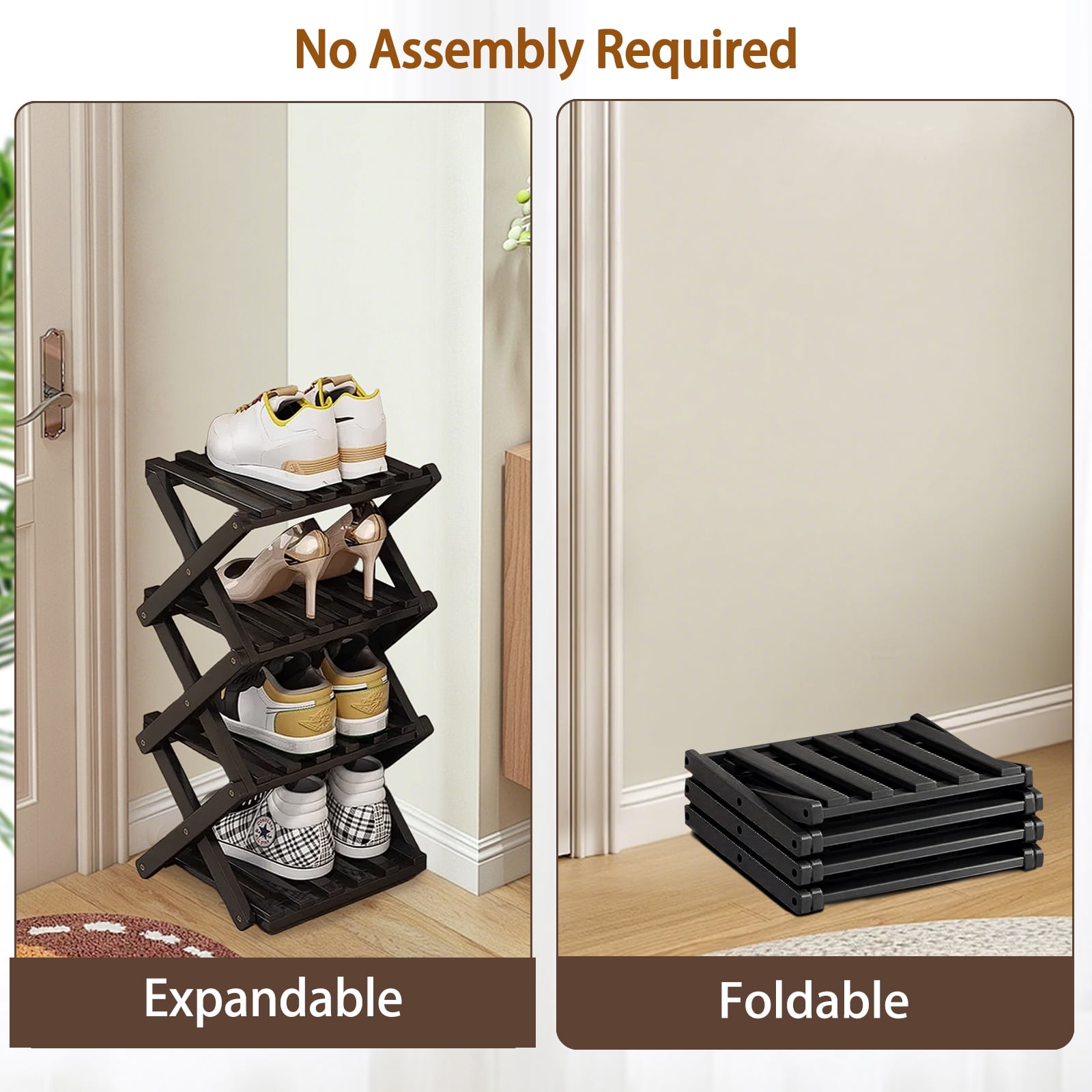 YUCHANG Foldable Shoes Rack,Bamboo Shoes Organizer for Entryway ,Free Standing Rack,4-Layers ,Black