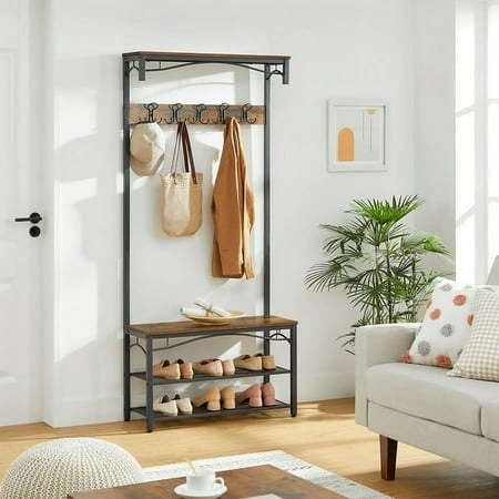 VASAGLE Coat Rack 3-in-1 Hall Tree Entryway Shoe Bench Coat Stand Storage Shelves Rustic Brown and Bronze