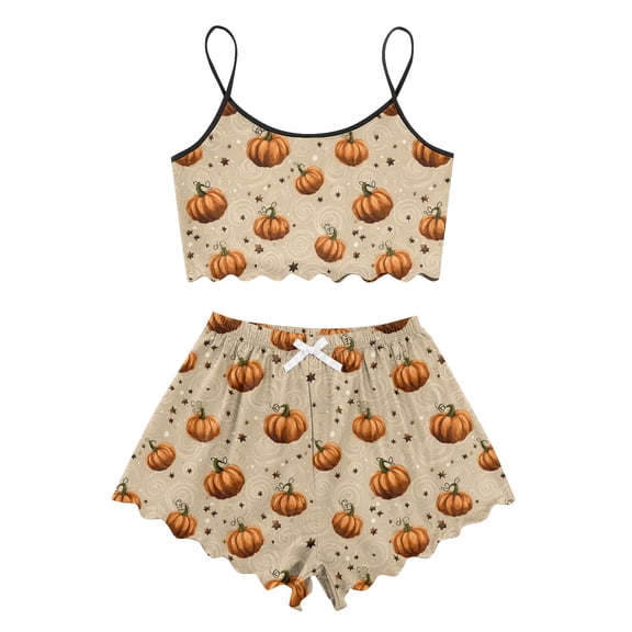 WTOBBY Women's Retro Floral Print Halloween Pajama Set Sleeveless Adjustable Strap Vest & Elastic Waist Shorts Two-Piece Comfy Sleepwear Lounge Home Wear,Beige L