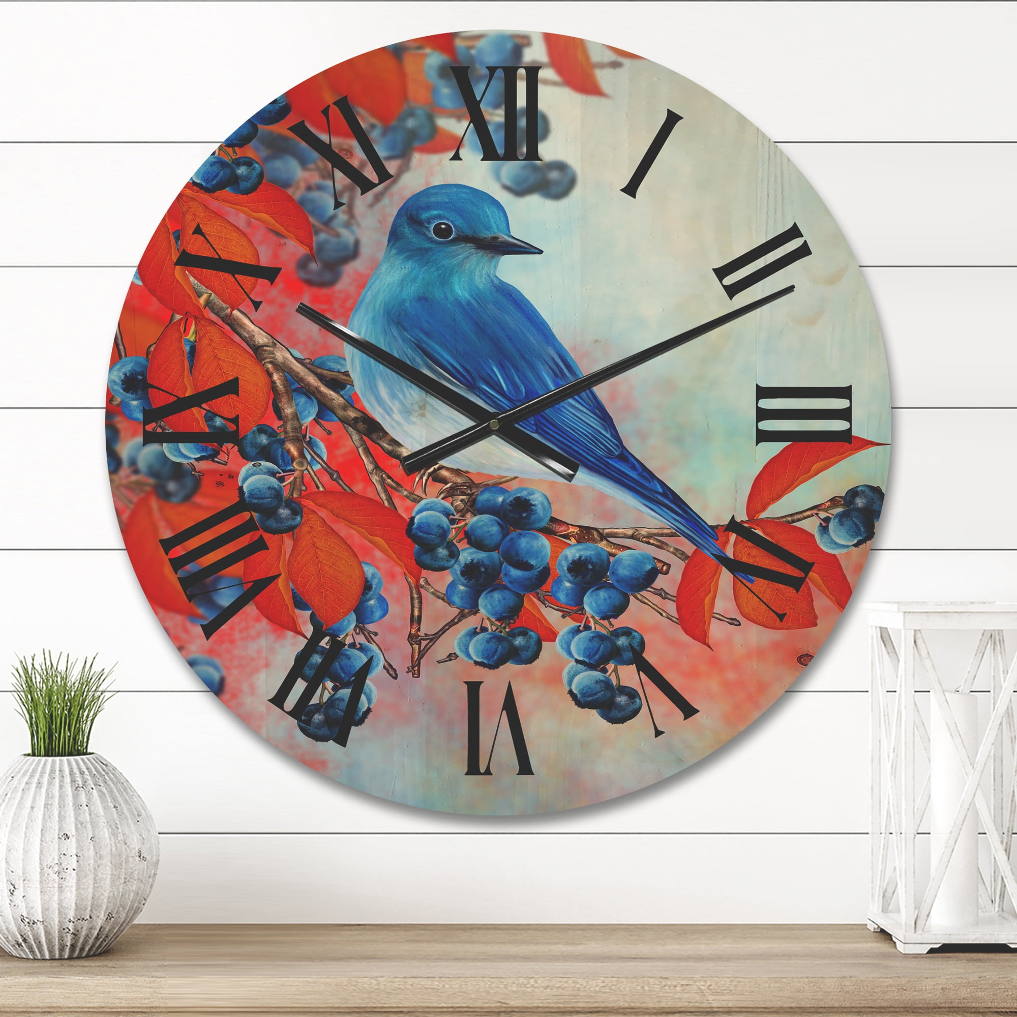 Designart 'Bright Bird Bullfinch Sitting On A Branch of Berries III' Traditional Wood Wall Clock