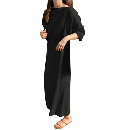 Mrat Summer Dresses for Women 3/4 Sleeve Backless Tie Waist Sweater Dress Little Dress Lace Patchwork Loose Fitted Dress Evening Long Dress Black L