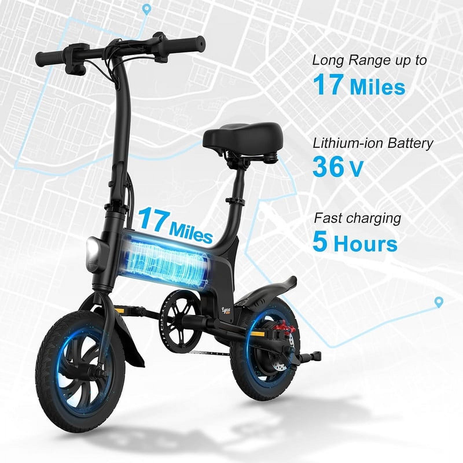 SISIGAD Folding Electric Bike, 12" x 1.75" Fat Tire Ebike for Adults Teens, 300W Motor up to 15 MPH Speed and 17 Miles Range with Disc Brakes, Black