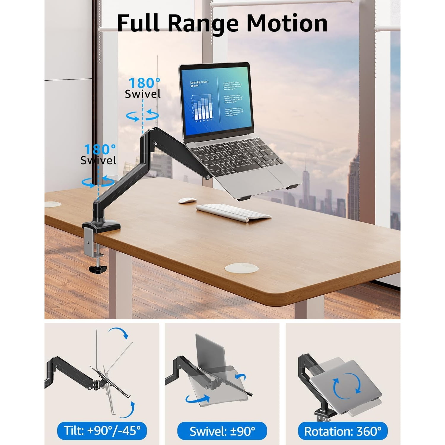Laptop Stand for Desk, Adjustable Aluminum Laptops Arm Mount for 14-17 Inch Notebook & 32" Monitor, Laptops Arm for Desk Support for 2.2-19.8lbs, 2-in-1 Laptop Desk Mount with Clamp/Grommet