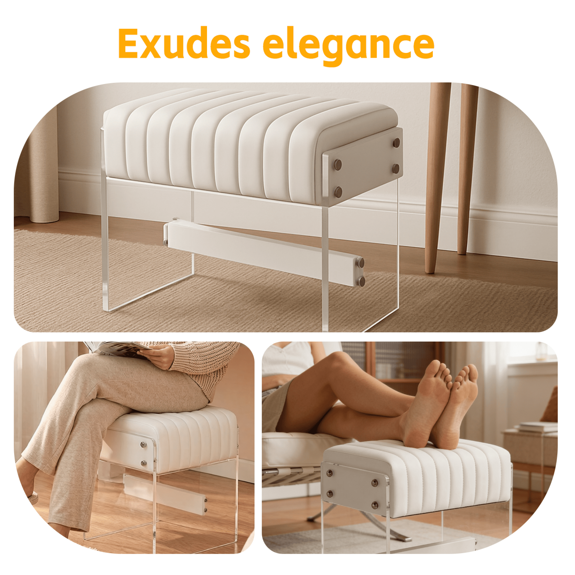 Leumius Dressing Stool with White PU Leather Surface, High-density Sponge and Transparent Acrylic Legs, Modern Luxury Square Stool for Bedrooms, Entrances and Living Rooms