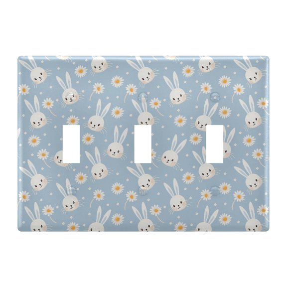 Daisy White Rabbit Pattern Toggle Switch Wall Plate 3-Gang Unbreakable Durable PC Flush Fit Round Edge 4.48x6.37in