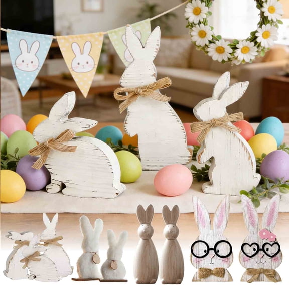 KOYPTL 3Pcs Easter Rabbit Decor,White Wood Centerpieces Table Decorations for Home Courtyard Kitchen Rustic Tables Ornaments Enhance The Easter Atmosphere Spring Birthday Home Office Farmhouse Gift