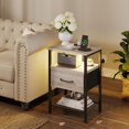 thumbnail image 3 of Night Stand Set 2, End Table with Charging Station, LED Bedside Table with Fabric Drawer for Bedroom, 3-Tier Side Table with Open Shelf, Greige, 3 of 12