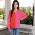 thumbnail image 2 of Women's Long Sleeve Color Block V-Neck Sweater with Leopard Print Sleeves - Large, Fuchsia, 2 of 6