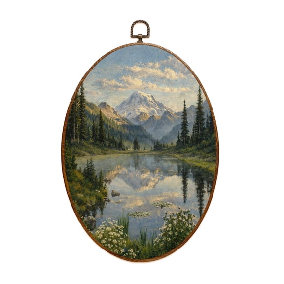 Canvas Wall Art Rainier Reflection Lake sunrise wildflowers blooming Oval Framed Canvas Prints Vintage Wall Hanging Decor for Home Bathroom Decorations Gift for Mom Women 8.6"x11.4"