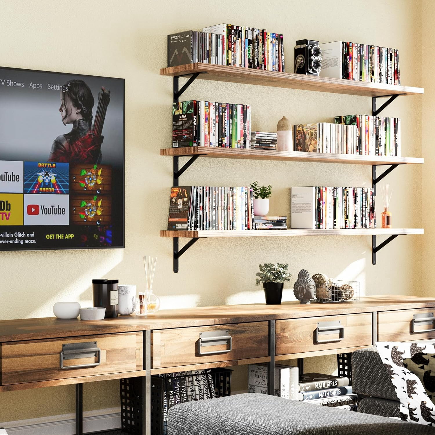 Wallniture Forme 54 x 10 inch Wood Floating Shelves for Living Room, Bedroom, Kitchen Storage Shelving, Wall Mounted Long Shelf, Natural Burnt Color, 1pc
