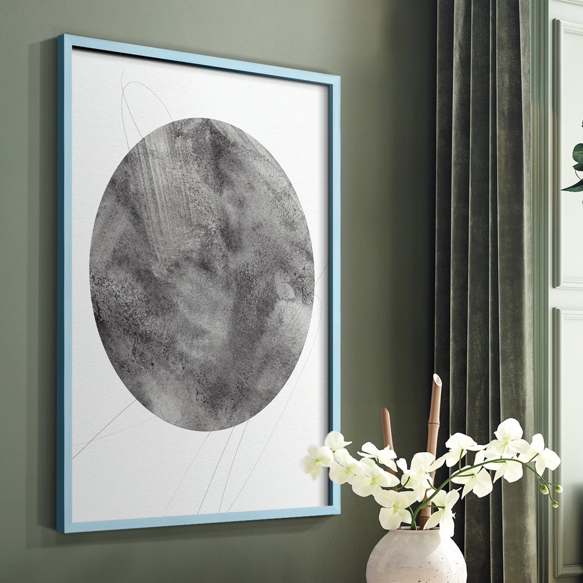 Graphite Moon II Framed Print in Blue Solid Wood Framed Print No Nail Hanging