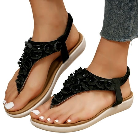 

ZIZOCWA Clip Toe Sandals for Women Summer Flowers Beach Elastic Band Sandals Casual Flat Soft Bottom Bohemian Shoes Flip Flops 2023 Black Size7.5