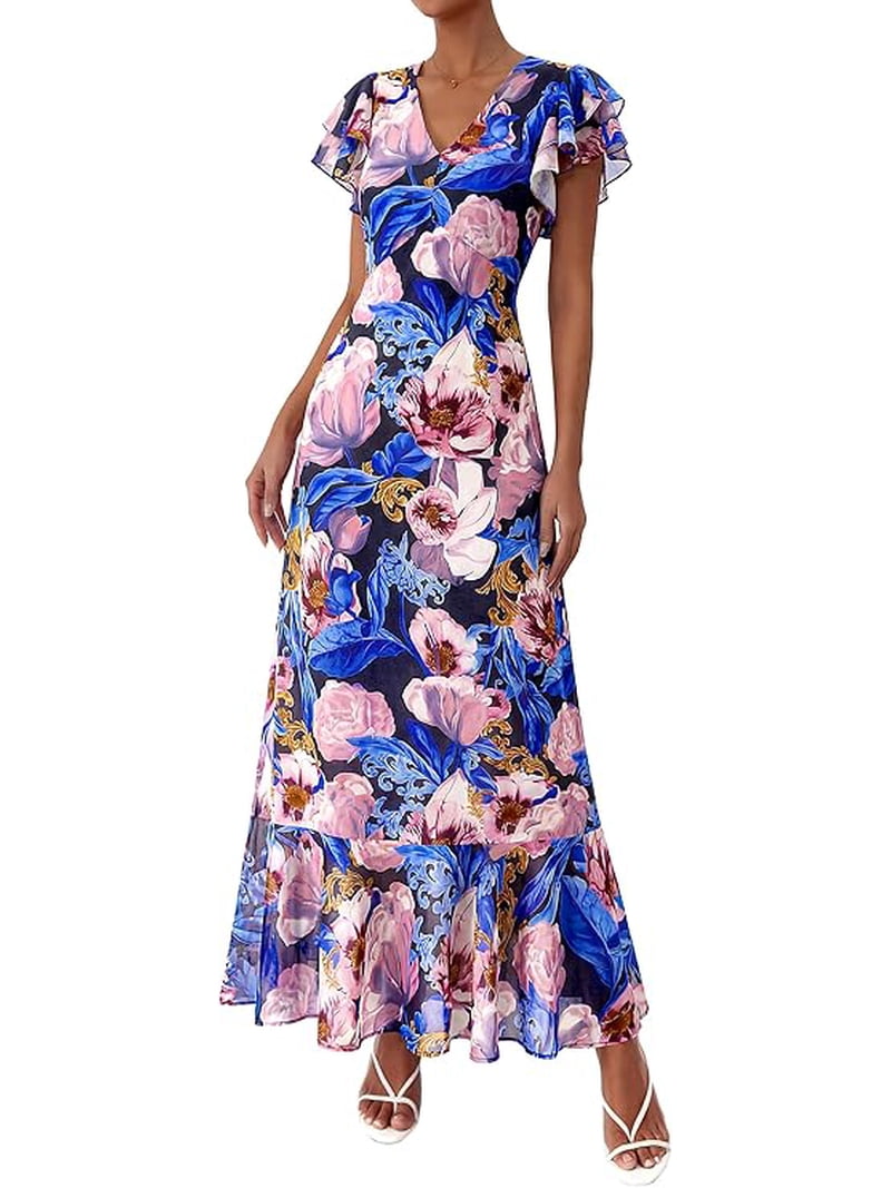 floor length spring dresses Womens Spring Dresses Floral-Printed Swing Sleeve Half Holiday Casual Maxi  Boho Womens Dresses Spring