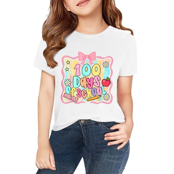 CPNG Kids' 100 Days of School Celebration T-Shirt - "100 Days of School" Colorful Graphic with Bow, Flowers, Apple and Pencil Design, Commemorate 100th Day of School Milestone