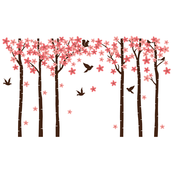 Home Bedroom Multicolored 20" x 33" Flowering Forest Trees Vinyl Decoration Wild Squirrel & Bird Animal Silhouettes Design Easy To Apply Living Room Wall Decal Sticker