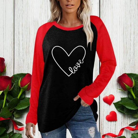 Baqcunre Valentines Day Shirts Women, Women's Valentine's Day Color-Coded Long-Sleeved Casual T-Shirt, Long Sleeve Shirts for Women, T Shirts for Women, Womens Tops Graphic Tees, Black, L