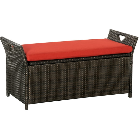 Red 27 Gallon Patio Storage Bench With Handles And Cushion, Made Of Resilient Outdoor Pe For Bin, Cushion Garden