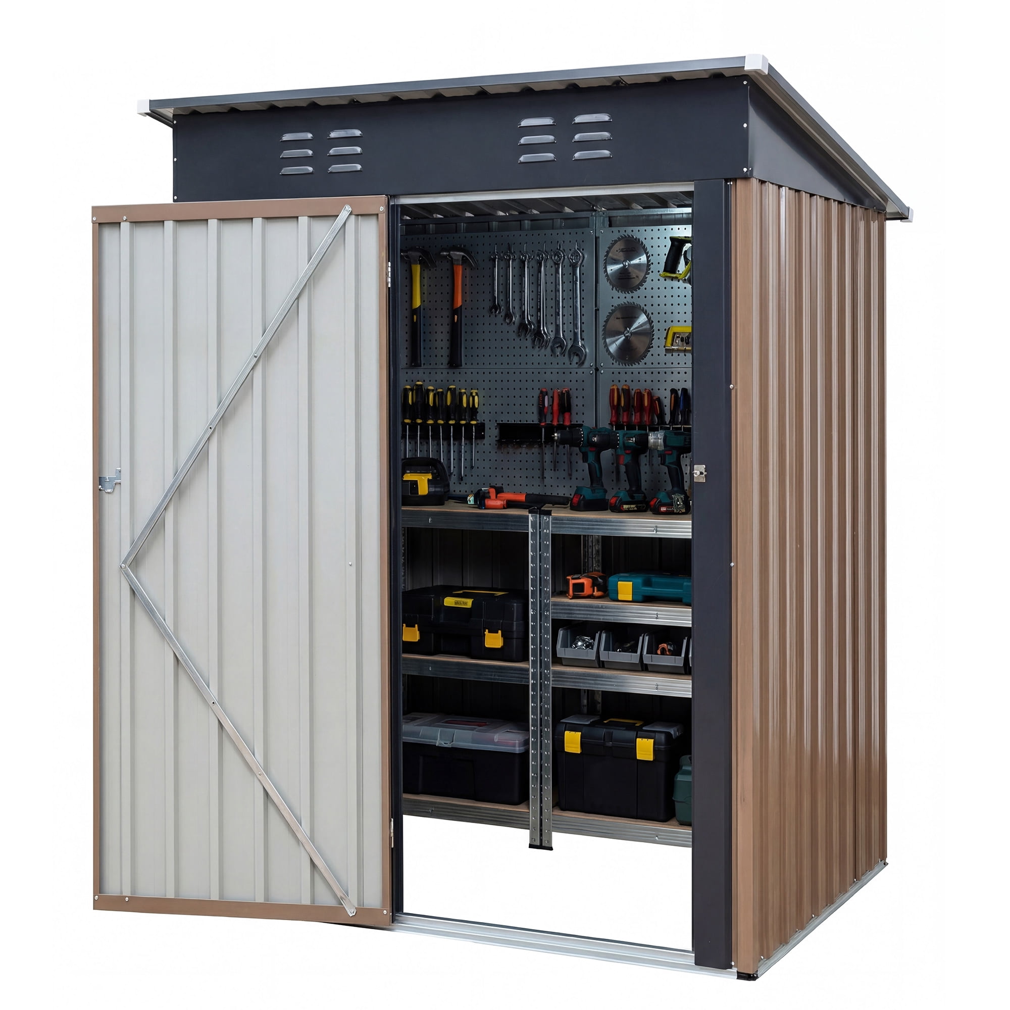 EDX 5' x 3' Outdoor Metal Storage Shed with Lockable Door – Sloped Roof & Galvanized Steel, Brown