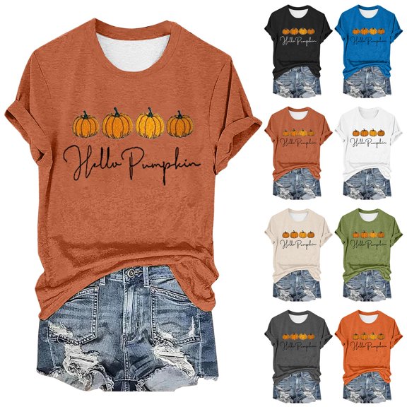 WHEANG Shirts for Women Autumn Pumpkin Embroidery Print Casual T Shirt Hello Pumpkin Short Sleeve Tops for Women Casual Loose Fit Holiday Womens Tops Red L